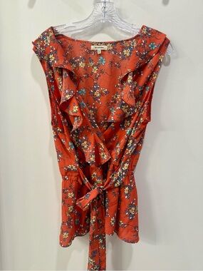 Max Studio Rust Floral Ruffle Tie-Waist Blouse Womens L